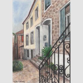 Mixed media drawing of the alley in Molivos, Lesvos